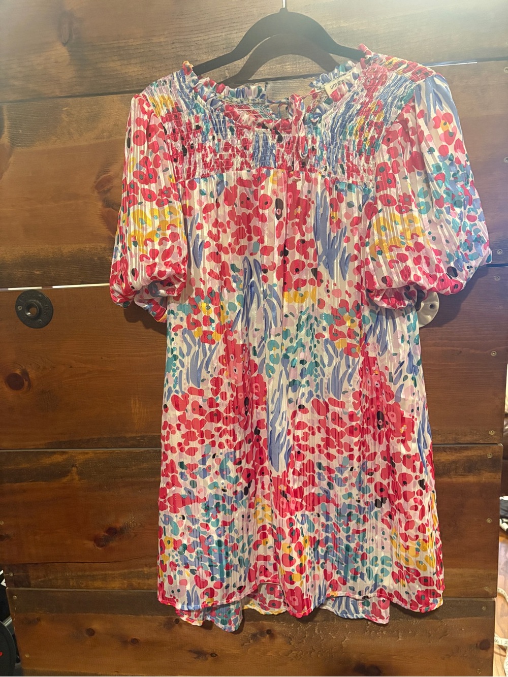 Umgee Multicolor Floral Smocked Neck Puff Sleeve Dress